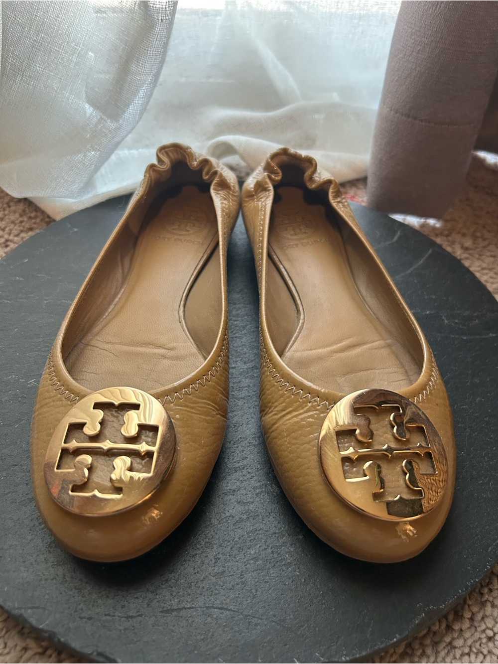 Tory Burch Tan Leather Logo Ballet Flats with Gold Medallions